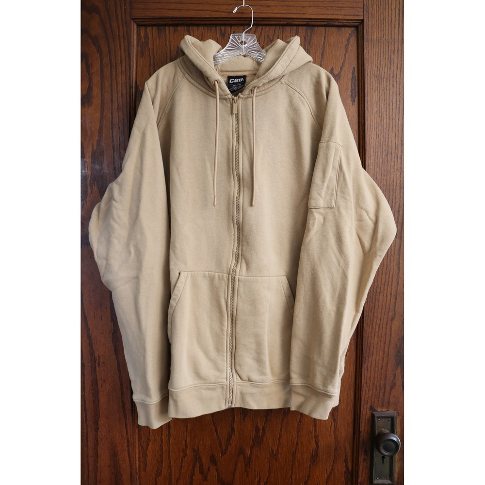 CSG Sweater Hoodie Mens 2XL Tan Full Zip Sweatshirt Fleece Lined Sleeve Pocket